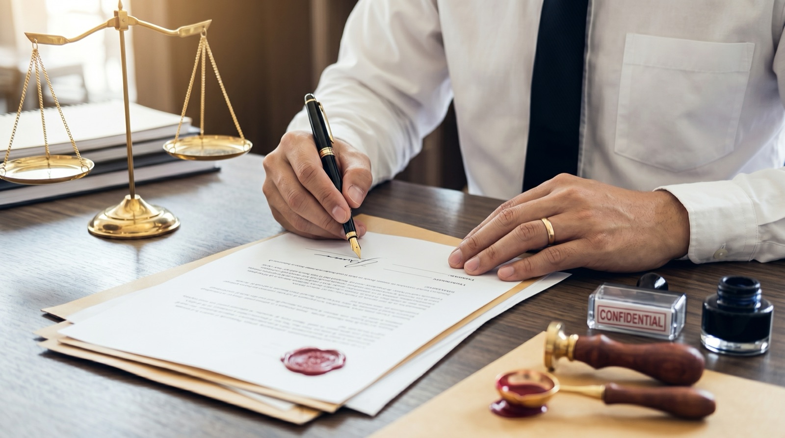 Escritorio notarial con documento y lápiz